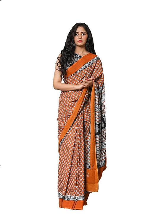 Jalther Handicrafts Women'S Ikat Hand Block Print Jaipuri Cotton Mulmul Saree